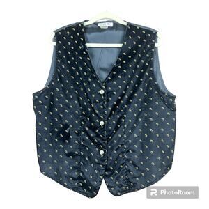 VTG Gloria Lance Vest Women XL Black Velour Gold Eyelet Print Rhinestone Buttons